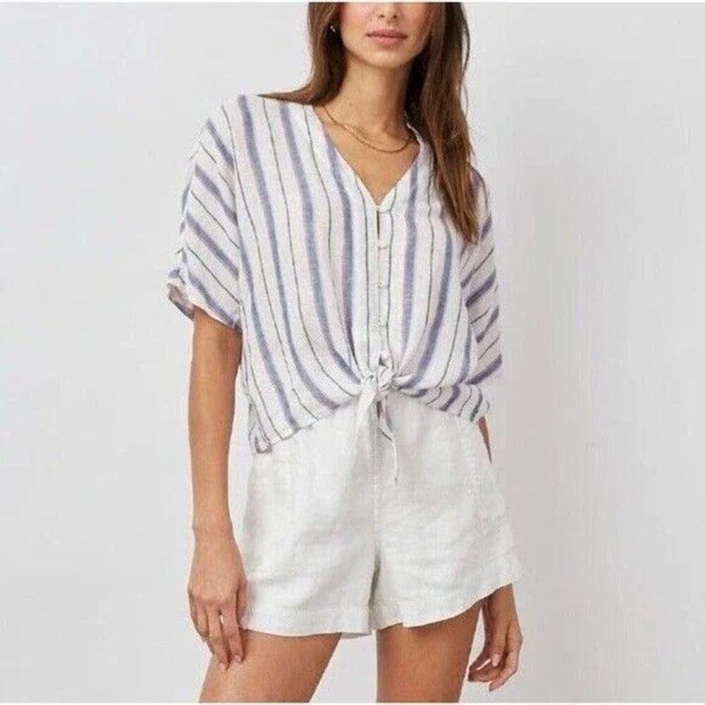 Rails Thea Tahiti Stripe Short Sleeve White Blue Tie Front Shirt Size Small